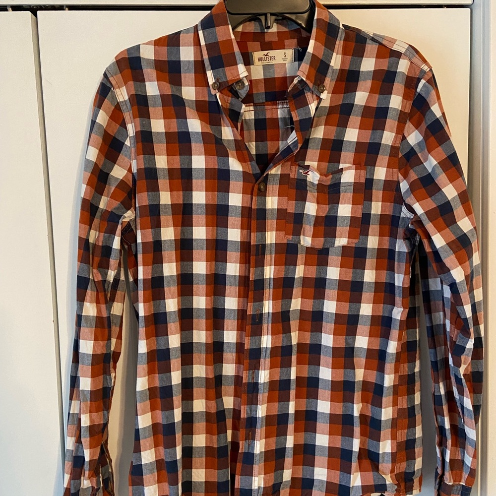 Hollister Men's Orange and Blue Plaid Shirt